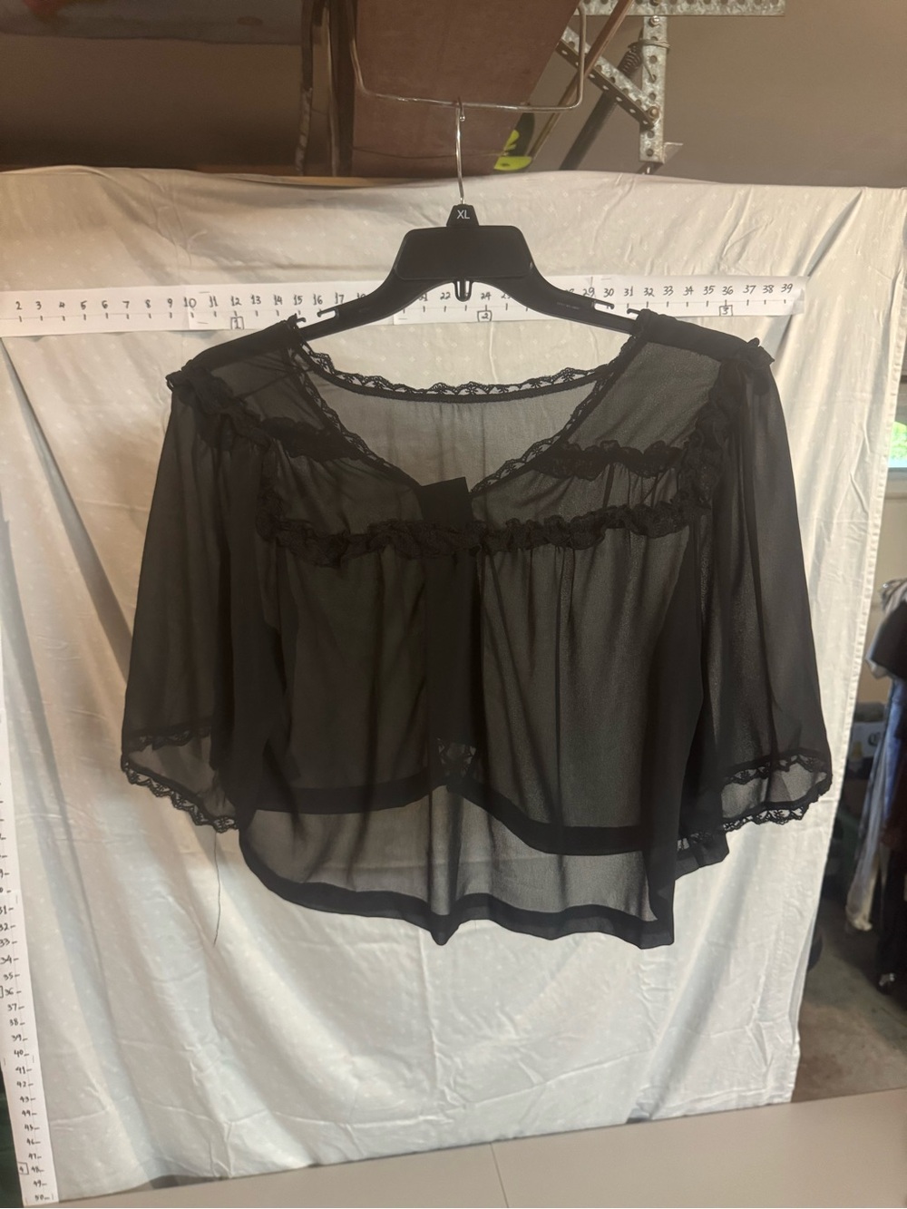 Black Sheer Button-Front Lace-Trim Blouse - Picture 2 of 4